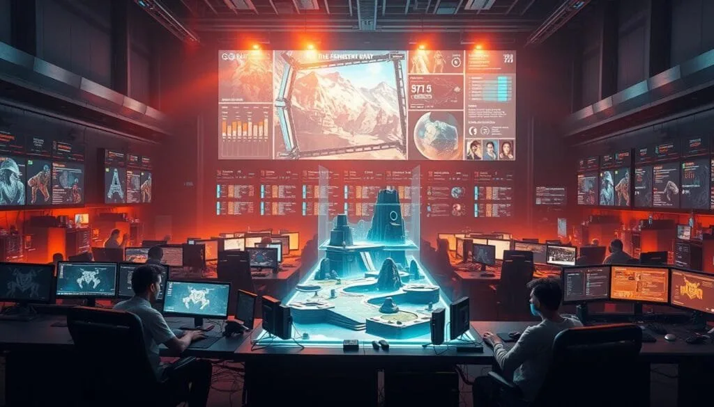 A sprawling, futuristic game development studio, bathed in a warm, hazy glow. In the foreground, developers sit at their desks, meticulously crafting code and assets, their faces lit by the glow of their screens. The middle ground features a large, holographic display, showcasing a 3D model of a new game level, with developers gesturing and discussing their ideas. In the background, a towering wall of monitors tracks deadlines, budgets, and production pipelines, hinting at the complex, time-sensitive nature of modern game development. The atmosphere is one of focused intensity, with a sense of urgency and collaboration, reflecting the challenges of delivering high-quality games in an ever-evolving, competitive market.