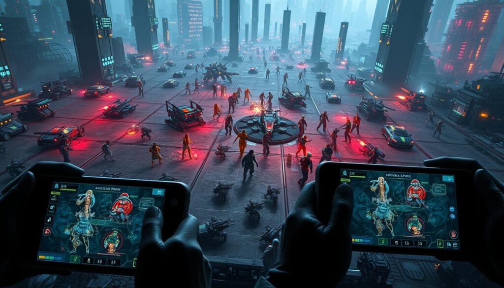 A sprawling strategy game battlefield, with futuristic mobile devices and tactical interfaces in the foreground. In the middle ground, a diverse cast of characters engaged in dynamic, real-time combat maneuvers. The background showcases a dystopian, neon-lit cityscape, hinting at the high-stakes, high-tech nature of the mobile strategy experience. Dramatic lighting casts bold shadows, creating a cinematic atmosphere. The scene conveys a sense of immersive, on-the-go strategic gameplay, perfectly suited for mobile devices.