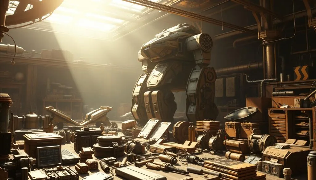A sprawling workshop filled with an array of mechanical parts, tools, and various upgrades for the mighty Iron Rig. The foreground showcases an assortment of custom components - reinforced thrusters, sleek control panels, and a towering robotic arm. In the middle ground, the majestic Iron Rig stands tall, its once-rugged exterior now enhanced with gleaming armor plates and a powerful new mining drill. Bathed in warm, directional lighting, the scene exudes a sense of industrial progress and corporate ambition. The background is shrouded in shadows, hinting at the looming presence of a mysterious corporate entity. The overall atmosphere evokes a blend of technological advancement and ominous undertones.
