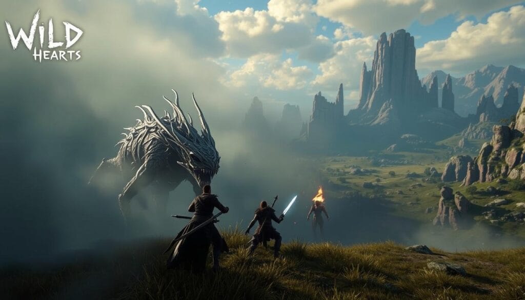 A striking, cinematic scene depicting the performance and visuals of Wild Hearts game. In the foreground, a majestic creature emerges from the mist, its intricate, otherworldly design showcasing the game's technical polish. In the middle ground, a warrior battles the beast, their movements fluid and dynamic, highlighted by dramatic lighting and detailed textures. The background features a lush, fantastical landscape, with sweeping vistas and awe-inspiring geological formations, conveying the game's sense of exploration and the untamed world. The overall atmosphere is one of adventure, awe, and technical mastery, capturing the essence of the "Performance, Visuals, and Technical Polish" section of the review.