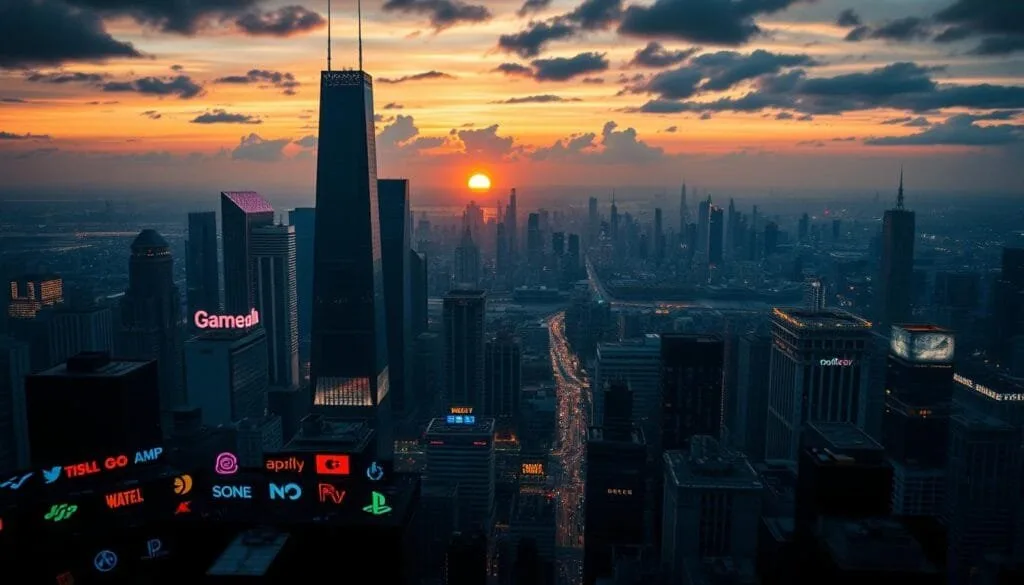 A stunning cinematic scene showcasing the titans of the mobile gaming industry. In the foreground, a vibrant array of popular game icons and logos in a sleek, minimalist design, casting a soft glow against a dark, moody backdrop. The middle ground features a panoramic landscape of towering skyscrapers, neon-lit streets, and bustling cityscapes, evoking the global reach and scale of the top-grossing mobile gaming market. In the background, a dramatic skyline with a golden sunset, bathing the entire scene in a warm, inviting ambiance. Captured through the lens of a high-quality camera, with crisp details, balanced lighting, and a cinematic depth of field, conveying the prestige and magnitude of the mobile gaming industry's elite.