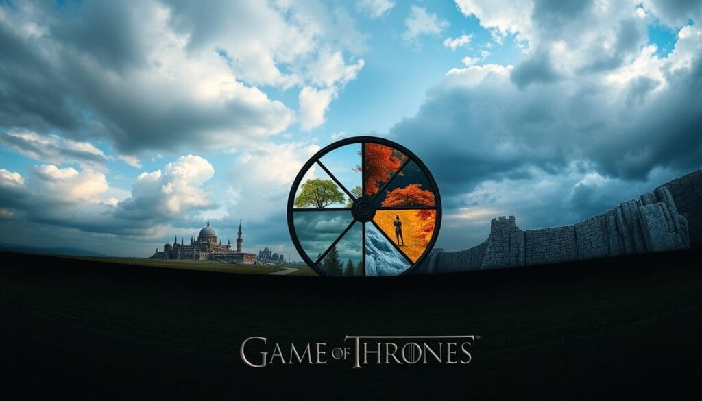 A sweeping panorama depicting the progression of the seasons in the Game of Thrones universe. In the foreground, a symbolic representation of the seasons - a slowly turning wheel with four distinct quadrants, each showcasing the defining characteristics of spring, summer, autumn, and winter. The middle ground features iconic locations from the show, like King's Landing, Winterfell, and the Wall, captured in their seasonal splendor. In the background, a dynamic sky shifts from vibrant blues and billowing clouds to a foreboding curtain of snow and ice, reflecting the changing fortunes of the realm. The composition conveys a sense of the cyclical nature of power and the relentless march of time, perfectly capturing the essence of a "season-by-season pulse check" for this epic saga.