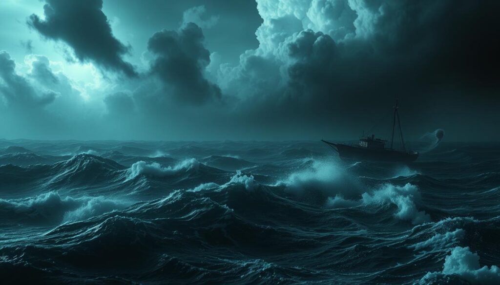A vast, ominous expanse of the open ocean at night. Churning waves crash against a battered ship, its hull barely visible in the murky gloom. Towering storm clouds loom overhead, casting an eerie, almost otherworldly glow upon the scene. The air is thick with a palpable sense of dread, the only sounds the howling wind and the uneasy creaking of the ship's timbers. In the distance, a faint, ghostly silhouette lurks beneath the waves, a harbinger of the terrors that lie in wait. The captain and crew, faces etched with panic, struggle to maintain control, their survival hanging by a thread in the face of the horror of the open ocean.