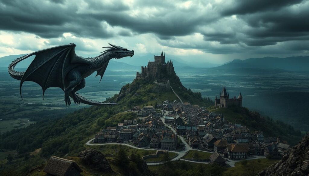 A vast, sweeping landscape with a towering castle perched atop a craggy mountain. The foreground is dominated by a massive, intricately detailed dragon, its wings spread wide, casting a formidable shadow over the scene. The middle ground features a sprawling medieval village, with thatched-roof houses, winding cobblestone streets, and bustling crowds. The background is a panoramic vista of rolling hills, dense forests, and a stormy, ominous sky. Dramatic cinematic lighting illuminates the scene, casting dramatic shadows and highlights. The overall mood is one of grandeur, power, and the epic scale of the Game of Thrones universe.