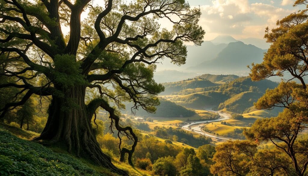 A vast, untamed landscape of Azuma world, where nature reigns supreme. In the foreground, a towering ancient tree stands, its gnarled branches reaching skyward. Lush, verdant foliage cascades around it, creating a verdant, mystical atmosphere. In the middle ground, rolling hills and winding streams paint a serene pastoral scene, bathed in warm, golden sunlight. Distant mountains, their peaks shrouded in mist, rise up in the background, conveying a sense of the wild, untamed vastness of this world. The scene exudes a palpable aura of tranquility and primal energy, inviting the viewer to lose themselves in the timeless beauty of Azuma.