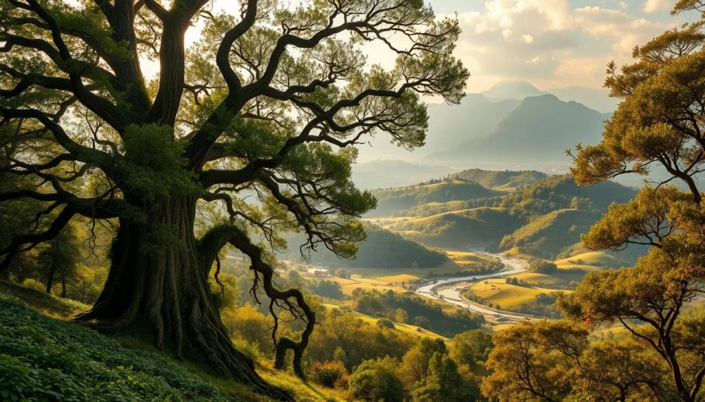 A vast, untamed landscape of Azuma world, where nature reigns supreme. In the foreground, a towering ancient tree stands, its gnarled branches reaching skyward. Lush, verdant foliage cascades around it, creating a verdant, mystical atmosphere. In the middle ground, rolling hills and winding streams paint a serene pastoral scene, bathed in warm, golden sunlight. Distant mountains, their peaks shrouded in mist, rise up in the background, conveying a sense of the wild, untamed vastness of this world. The scene exudes a palpable aura of tranquility and primal energy, inviting the viewer to lose themselves in the timeless beauty of Azuma.