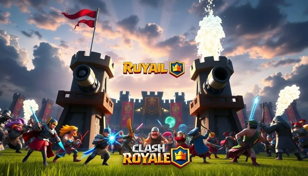 A vibrant, action-packed scene from the popular mobile strategy game Clash Royale. In the foreground, two opposing towers stand tall, their cannons primed and ready to unleash a barrage of projectiles. Valiant knights, archers, and wizards clash in the middle ground, their colorful abilities colliding in a dazzling display. The background features the iconic Clash Royale arena, with its towering walls, emblazoned banners, and a dramatic, twilight sky. The lighting is cinematic, casting dramatic shadows and highlights that heighten the sense of intensity and strategic urgency. Captured with a wide-angle lens to showcase the grand scale of the battlefield, this image perfectly encapsulates the thrilling, fast-paced essence of Clash Royale, one of the best mobile strategy games available.