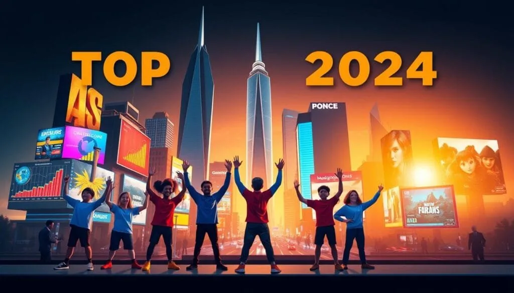A vibrant and dynamic image showcasing the top revenue winners of the mobile gaming industry in 2024. In the foreground, a group of playful, triumphant characters representing the most successful game titles, their hands raised in celebration against a backdrop of colorful charts, graphs, and data visualizations. The middle ground features a sleek, modern cityscape with towering skyscrapers, neon-lit billboards, and bustling streets, reflecting the scale and impact of the mobile gaming market. The background is illuminated by a warm, golden glow, creating a sense of prosperity and optimism. The overall composition conveys a mood of excitement, innovation, and the thrill of commercial success in the ever-evolving mobile gaming landscape.