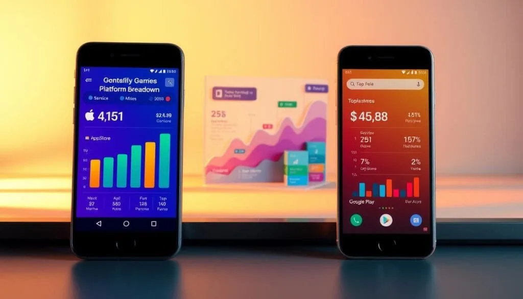 A vibrant, data-driven visualization of the mobile gaming landscape, showcasing the platform breakdown between the top-grossing apps on the App Store and Google Play. The foreground depicts two smartphone screens, one for each platform, displaying their respective revenue charts and performance metrics. The middle ground features a dynamic 3D graph, illustrating the market share and revenue differences between the two platforms, with colorful data visualizations and infographic-style elements. The background offers a sleek, minimalist setting, bathed in warm, directional lighting that casts subtle shadows, creating depth and emphasizing the technical, analytical nature of the scene. The overall composition conveys a sense of authority, clarity, and the crucial insights needed to navigate the competitive mobile gaming industry.