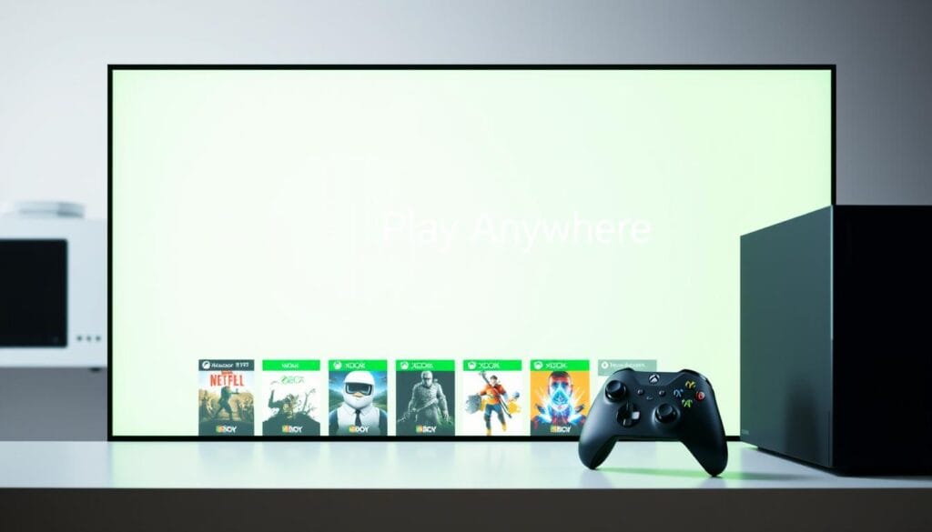 A well-lit digital display showcases the Xbox logo and the "Play Anywhere" tagline, set against a clean and modern backdrop. The foreground features a sleek, minimalist gaming PC and an Xbox controller, seamlessly integrated to emphasize the seamless cross-platform gaming experience. The middle ground showcases various game titles, each with the "Xbox Play Anywhere" icon, highlighting the ability to install and play owned digital games on both Xbox and Windows platforms. The background is a softly blurred scene, conveying a sense of unity between the Xbox and PC gaming ecosystems. The overall composition exudes a professional, high-tech, and visually appealing aesthetic.