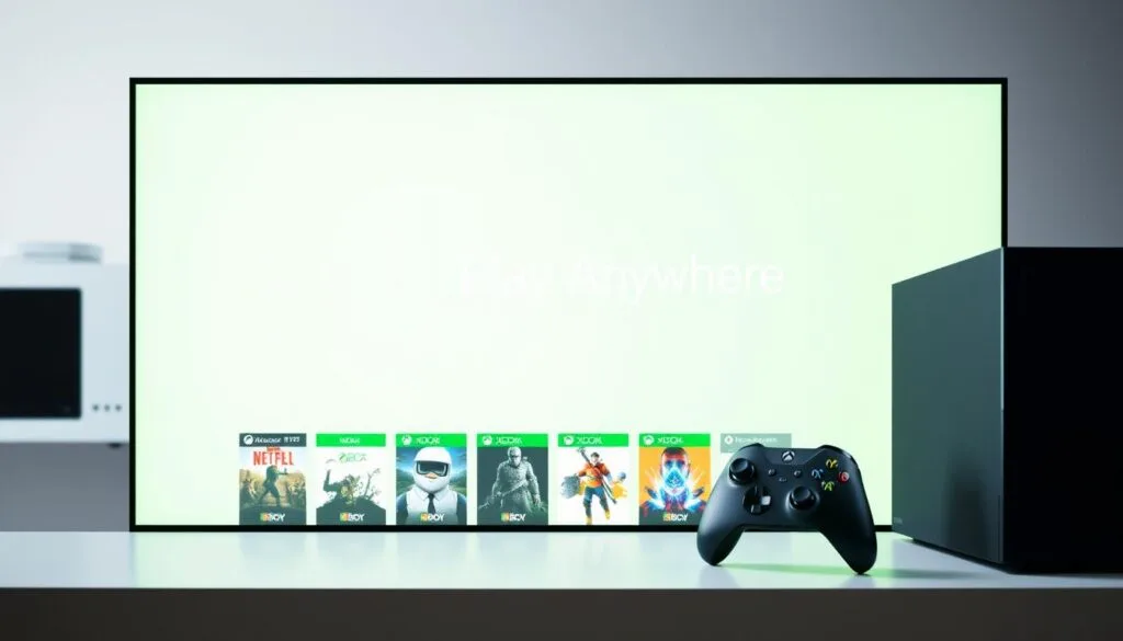 A well-lit digital display showcases the Xbox logo and the "Play Anywhere" tagline, set against a clean and modern backdrop. The foreground features a sleek, minimalist gaming PC and an Xbox controller, seamlessly integrated to emphasize the seamless cross-platform gaming experience. The middle ground showcases various game titles, each with the "Xbox Play Anywhere" icon, highlighting the ability to install and play owned digital games on both Xbox and Windows platforms. The background is a softly blurred scene, conveying a sense of unity between the Xbox and PC gaming ecosystems. The overall composition exudes a professional, high-tech, and visually appealing aesthetic. A well-lit digital display showcases the Xbox logo and the "Play Anywhere" tagline, set against a clean and modern backdrop. The foreground features a sleek, minimalist gaming PC and an Xbox controller, seamlessly integrated to emphasize the seamless cross-platform gaming experience. The middle ground showcases various game titles, each with the "Xbox Play Anywhere" icon, highlighting the ability to install and play owned digital games on both Xbox and Windows platforms. The background is a softly blurred scene, conveying a sense of unity between the Xbox and PC gaming ecosystems. The overall composition exudes a professional, high-tech, and visually appealing aesthetic.