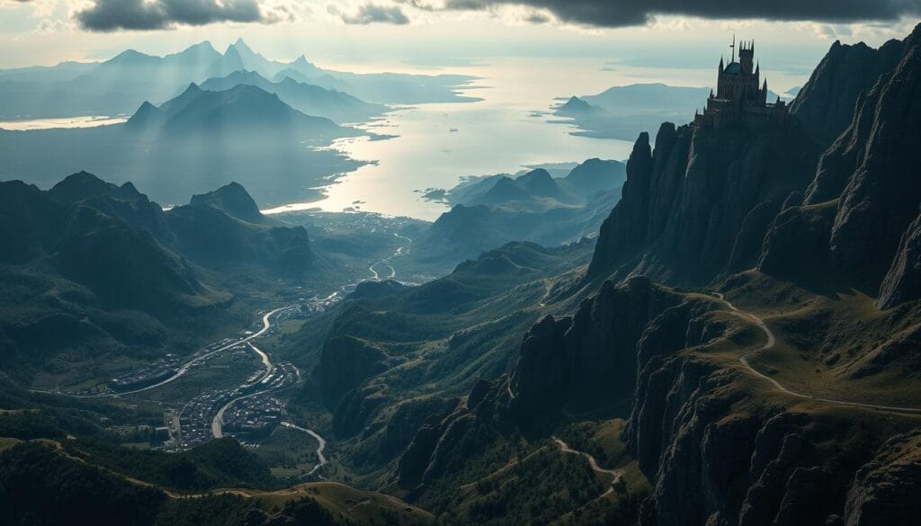 An expansive, awe-inspiring world of towering mountains, sprawling forests, and glimmering oceans. A vast realm filled with intricate details - ancient castles perched atop rugged cliffs, bustling cities teeming with life, and winding roads leading to distant horizons. Dramatic lighting illuminates this grand landscape, casting dramatic shadows and highlights that accentuate the scale and majesty of the scene. The viewer is drawn in, a sense of wonder and discovery pervading the image, as if they are about to embark on an epic journey through this richly imagined world. A perfect visual accompaniment to the plot, world-building, and grandeur of the Iron Throne.
