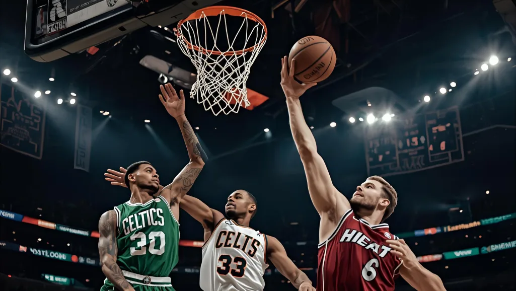 A dramatic basketball court scene at the climactic final seconds of a high-stakes NBA playoff game. In the foreground, a player leaps up, ball in hand, poised to take the game-winning shot. Intense focus on his face, muscles straining, as the clock ticks down. In the middle ground, the opposing team players converge, arms outstretched, attempting to block the shot. Sweat glistens, jerseys flutter. In the background, the packed arena erupts in a frenzy of cheering fans, the scoreboard flashing the final seconds. Dramatic lighting casts long shadows, heightening the tension and drama of the decisive tenth-of-a-second moment. A dramatic basketball court scene at the climactic final seconds of a high-stakes NBA playoff game. In the foreground, a player leaps up, ball in hand, poised to take the game-winning shot. Intense focus on his face, muscles straining, as the clock ticks down. In the middle ground, the opposing team players converge, arms outstretched, attempting to block the shot. Sweat glistens, jerseys flutter. In the background, the packed arena erupts in a frenzy of cheering fans, the scoreboard flashing the final seconds. Dramatic lighting casts long shadows, heightening the tension and drama of the decisive tenth-of-a-second moment.