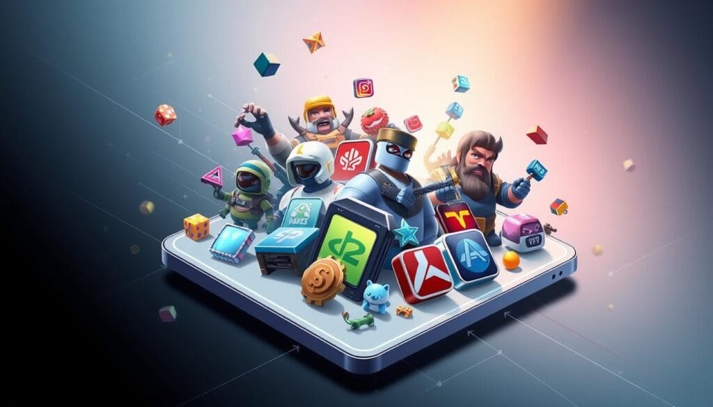 Detailed digital illustration of the most downloaded mobile games of all time, presented in a sleek and visually compelling manner. A central focus on several iconic game characters and logos, surrounded by a minimalist background featuring abstract geometric shapes and patterns that convey a sense of digital interconnectedness. The lighting is soft and directional, creating depth and highlighting the vibrant colors of the game assets. The camera angle is slightly elevated, providing an expansive, bird's-eye view of the composition. The overall mood is one of contemporary, data-driven excellence, reflecting the dominance of these mobile gaming champions.
