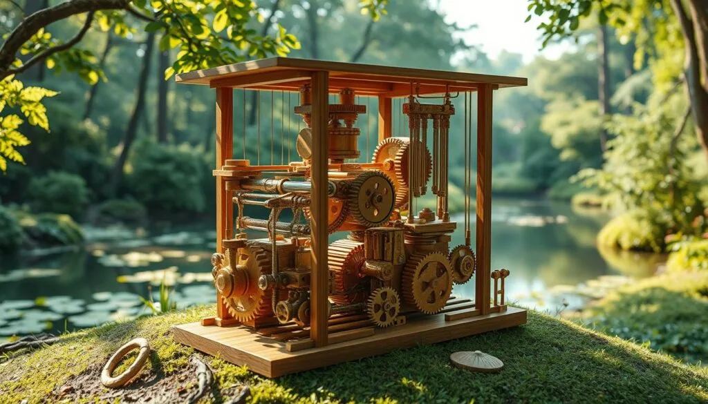 Detailed mechanical karakuri system in a lush, verdant Japanese landscape. Intricate gears, pulleys, and wooden components seamlessly integrated into the natural environment. Soft, warm lighting filters through the forest canopy, casting gentle shadows across the display. The karakuri mechanisms move with a mesmerizing, almost lifelike fluidity, showcasing the sophisticated craftsmanship. In the background, a tranquil pond reflects the scene, creating a sense of harmony between the mechanical and the organic. Emphasis on the delicate balance and interplay between technology and nature, conveying the unique design philosophy of the "Wild Hearts" game.