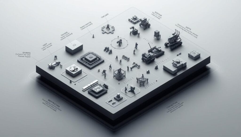Detailed schematic diagram of core game mechanics, rendered in a technical, engineering-inspired style. Sleek, minimalist layout showcasing key RTS components like resource gathering, unit production, and strategic unit placement. Crisp, isometric perspective provides clear overview. Muted, metallic color palette with stark lighting and shadows to convey precision and efficiency. Subtle grid lines and wireframe elements reinforce the computational, systematic nature of the core RTS mechanics. Subdued, muted tones create a focused, analytical mood suitable for illustrating a technical section on game selection criteria.