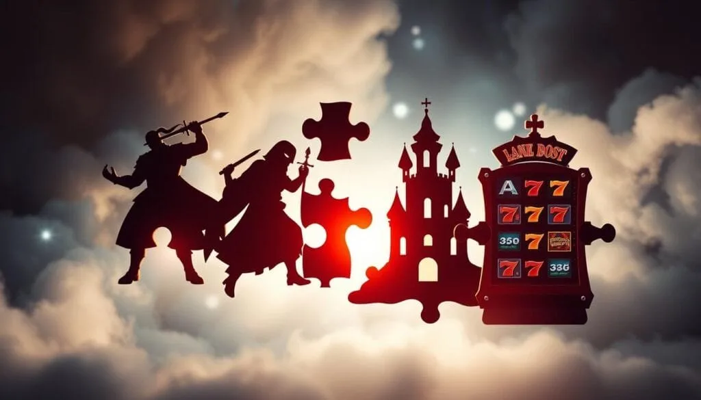 Intricate puzzle pieces float in a luminous, ethereal space, interlocking to form the silhouettes of mobile game icons - a sword-wielding warrior, a cunning rogue, a towering castle, a slot machine's reels. Soft lighting casts delicate shadows, highlighting the depth and complexity of the arrangement. The puzzle pieces seem to pulse with energy, hinting at the strategic depth and engaging gameplay of the category champions. The composition is balanced and visually striking, drawing the viewer's eye to the dynamic shapes and forms that embody the essence of the top-grossing mobile gaming genres.