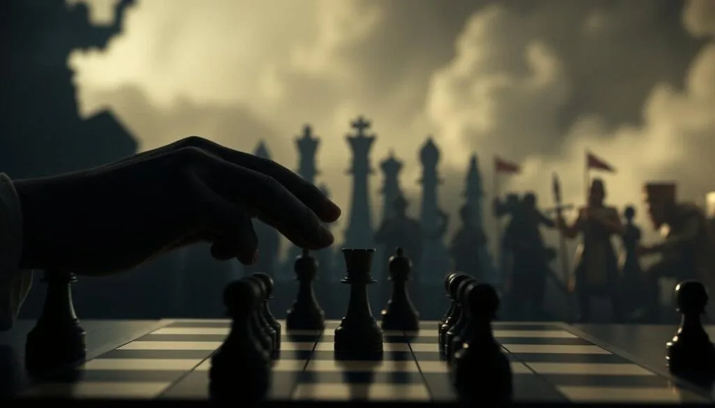 Prompt An epic clash between the strategic depth of chess and the war-scale intensity of Clash Royale. In the foreground, two hands hovering over a chessboard and a Clash Royale arena, representing the contrast between the cerebral game of chess and the real-time multiplayer combat of Clash Royale. The middle ground features shadowy silhouettes of chess pieces and Clash Royale troops, hinting at the strategic considerations at play. The background depicts a dimly lit, atmospheric setting, with a moody, cinematic lighting that emphasizes the high-stakes, head-to-head nature of these two strategy gaming titans. Subtle hints of the article's subject and section title are woven throughout the composition, creating a visually striking and conceptually rich illustration.