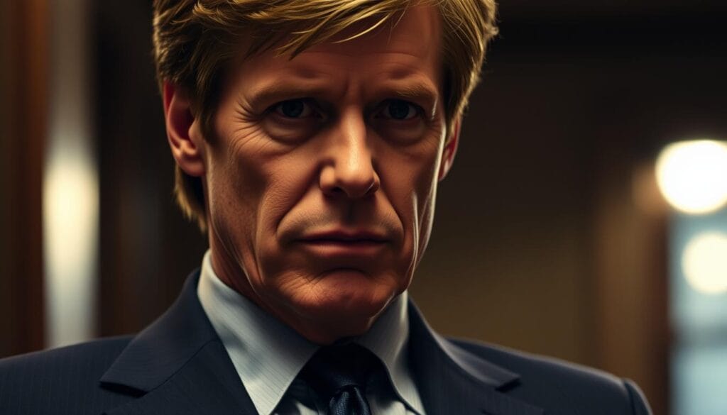 a close-up portrait of robert redford, wearing a navy blue suit and tie, with a stern yet thoughtful expression on his face. the lighting is soft and warm, creating a sense of depth and dimension. the background is slightly blurred, placing the focus squarely on redford's face and upper body. the angle is slightly tilted, giving the image a more dynamic and cinematic feel. the overall mood is one of quiet intensity and gravitas, reflecting redford's renowned acting ability and the weighty subject matter of the "spy game" film.