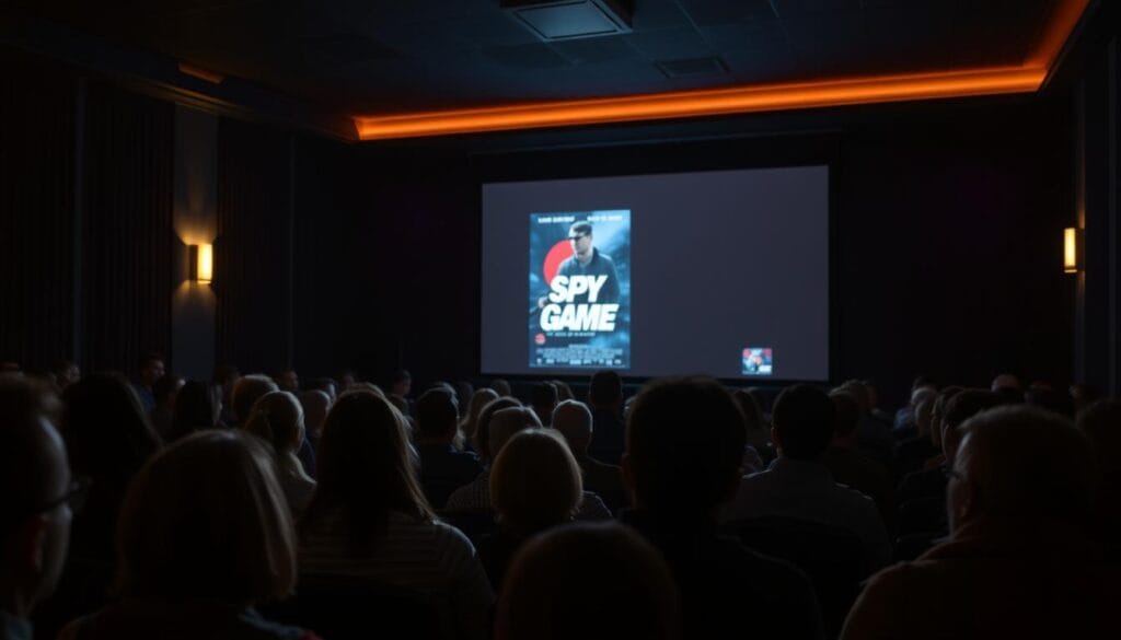 a dimly lit room with a large projection screen in the center, displaying a movie poster for "Spy Game" on it. In the foreground, a crowd of people sitting in theater-style chairs, intently watching the screen, their faces illuminated by the soft glow of the projection. The audience members are a diverse group, with expressions ranging from rapt attention to thoughtful contemplation. The background is slightly blurred, suggesting a sense of depth and focus on the audience's reactions. The lighting is warm and cinematic, creating a cozy, immersive atmosphere, as if the viewer is part of the audience themselves, experiencing the critical and audience reception of the "Spy Game" review.