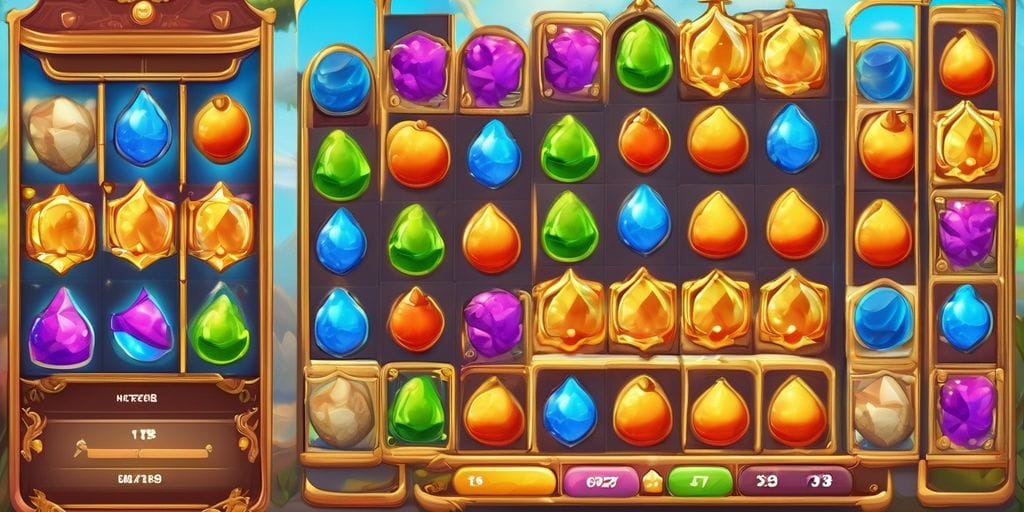 colorful mobile game interface with royal elements and match-3 puzzle colorful mobile game interface with royal elements and match-3 puzzle