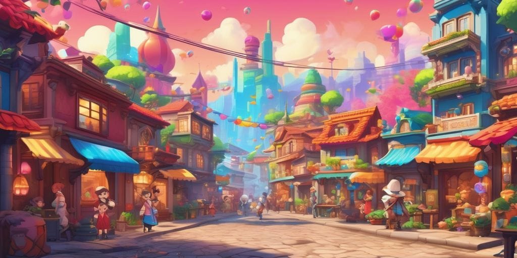 mobile game characters in a vibrant town setting mobile game characters in a vibrant town setting