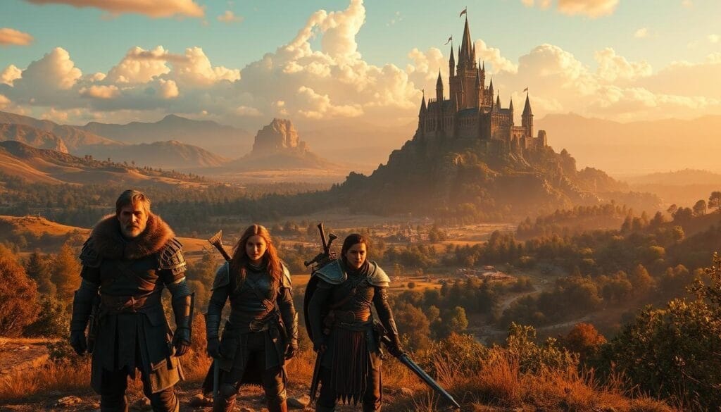 A breathtaking fantasy landscape, bathed in warm golden light. In the foreground, a party of adventurers – a mighty warrior, a wise mage, and a nimble rogue – stand ready to embark on a perilous quest. Their expressions are determined, their equipment battle-worn but reliable. The middle ground is filled with rolling hills, ancient ruins, and lush forests teeming with mysterious creatures. In the distance, a majestic castle perches atop a towering mountain, its spires piercing the clouds. The atmosphere is one of excitement and anticipation, promising endless hours of immersive adventure.