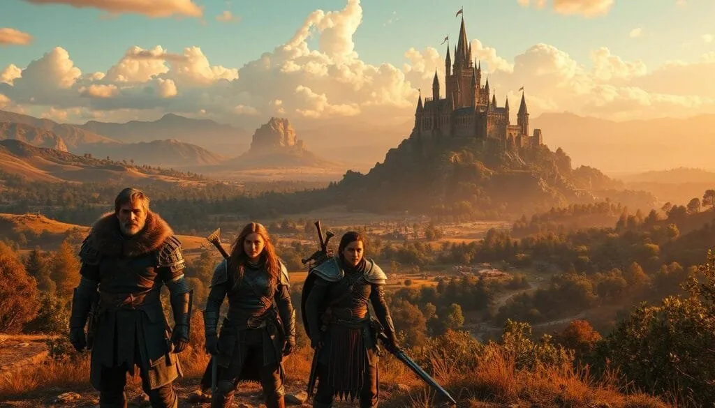 A breathtaking fantasy landscape, bathed in warm golden light. In the foreground, a party of adventurers – a mighty warrior, a wise mage, and a nimble rogue – stand ready to embark on a perilous quest. Their expressions are determined, their equipment battle-worn but reliable. The middle ground is filled with rolling hills, ancient ruins, and lush forests teeming with mysterious creatures. In the distance, a majestic castle perches atop a towering mountain, its spires piercing the clouds. The atmosphere is one of excitement and anticipation, promising endless hours of immersive adventure.