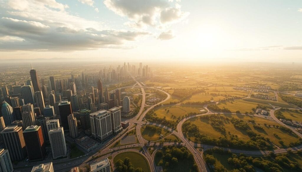 A bustling simulation world, rendered in stunning photorealistic detail. In the foreground, a sprawling city skyline comes to life, with towering skyscrapers, bustling streets, and intricate architectural details. The middle ground features a lush, verdant landscape, dotted with winding roads and the occasional vehicle in motion. In the background, a vast, open expanse of rolling hills and distant mountains, bathed in a warm, golden glow from the setting sun. The scene is illuminated by natural, soft lighting, creating a sense of depth and atmosphere. A wide-angle lens captures the entire scene, offering a comprehensive view of this immersive, life-like simulation world. A bustling simulation world, rendered in stunning photorealistic detail. In the foreground, a sprawling city skyline comes to life, with towering skyscrapers, bustling streets, and intricate architectural details. The middle ground features a lush, verdant landscape, dotted with winding roads and the occasional vehicle in motion. In the background, a vast, open expanse of rolling hills and distant mountains, bathed in a warm, golden glow from the setting sun. The scene is illuminated by natural, soft lighting, creating a sense of depth and atmosphere. A wide-angle lens captures the entire scene, offering a comprehensive view of this immersive, life-like simulation world.