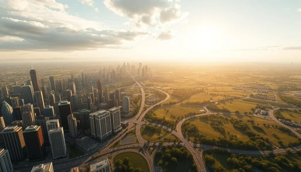A bustling simulation world, rendered in stunning photorealistic detail. In the foreground, a sprawling city skyline comes to life, with towering skyscrapers, bustling streets, and intricate architectural details. The middle ground features a lush, verdant landscape, dotted with winding roads and the occasional vehicle in motion. In the background, a vast, open expanse of rolling hills and distant mountains, bathed in a warm, golden glow from the setting sun. The scene is illuminated by natural, soft lighting, creating a sense of depth and atmosphere. A wide-angle lens captures the entire scene, offering a comprehensive view of this immersive, life-like simulation world.