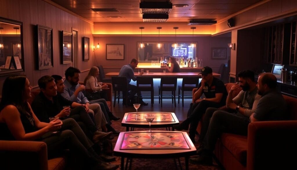 A cozy, dimly lit game lounge with plush couches and coffee tables. In the foreground, a group of friends laughing and sharing drinks, their faces illuminated by the soft glow of the tabletop games before them. The middle ground features couples engaged in lively competitive matches, their concentration evident. In the background, a bar area with bartenders expertly mixing cocktails, creating a convivial atmosphere. The lighting is warm and inviting, casting a gentle ambiance throughout the space. A sense of camaraderie and relaxation permeates the scene, making it an ideal setting for a night of social gaming.