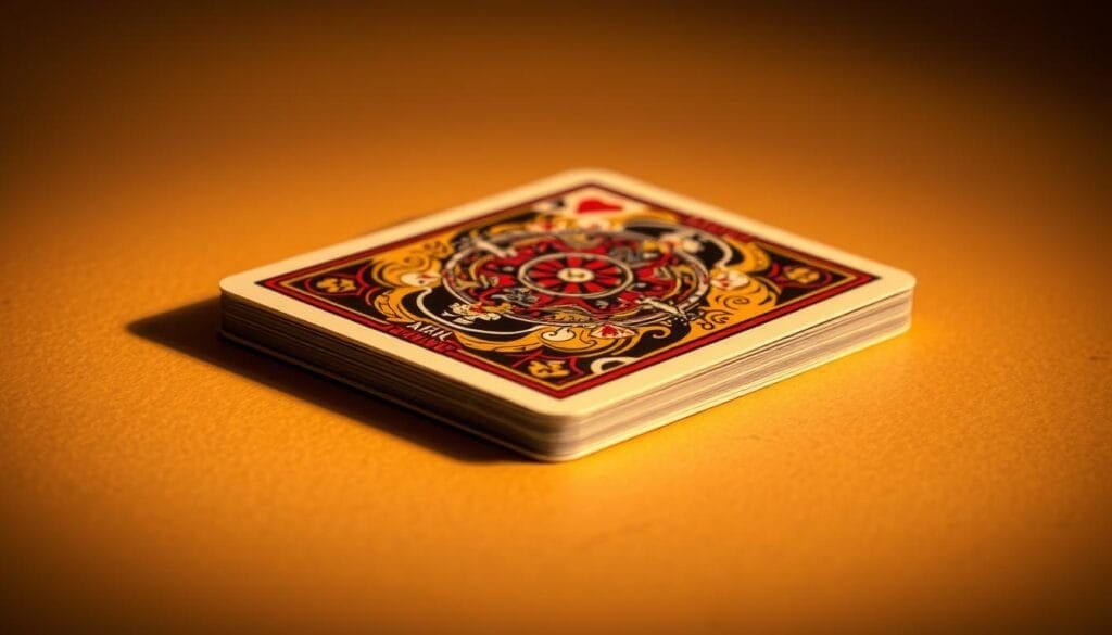 A detailed close-up of a classic playing card with a bold, vibrant design. The card is positioned in the center of the frame, illuminated by soft, warm lighting that casts gentle shadows and highlights the intricate patterns and textures of the card's surface. The background is a neutral, muted tone that allows the card to stand out and command attention. The card is angled slightly, creating a sense of depth and dimension, and the image is captured at a high resolution, ensuring crisp, clear details. The overall mood is one of sophistication and elegance, reflecting the timeless appeal of the classic playing card.