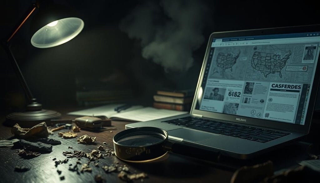 A dimly lit crime scene, illuminated by a single desk lamp casting dramatic shadows. In the foreground, a magnifying glass hovers over a scattered array of evidence - fingerprints, torn fabric, a mysterious broken object. In the middle ground, a laptop displays intricate case files, digital maps, and clues waiting to be pieced together. The background is shrouded in a moody, atmospheric haze, hinting at the unsolved mysteries that lie within. The overall scene conveys a sense of methodical investigation, a forensic dance between the tangible and the digital, as the player embarks on a high-stakes mystery to uncover the truth.
