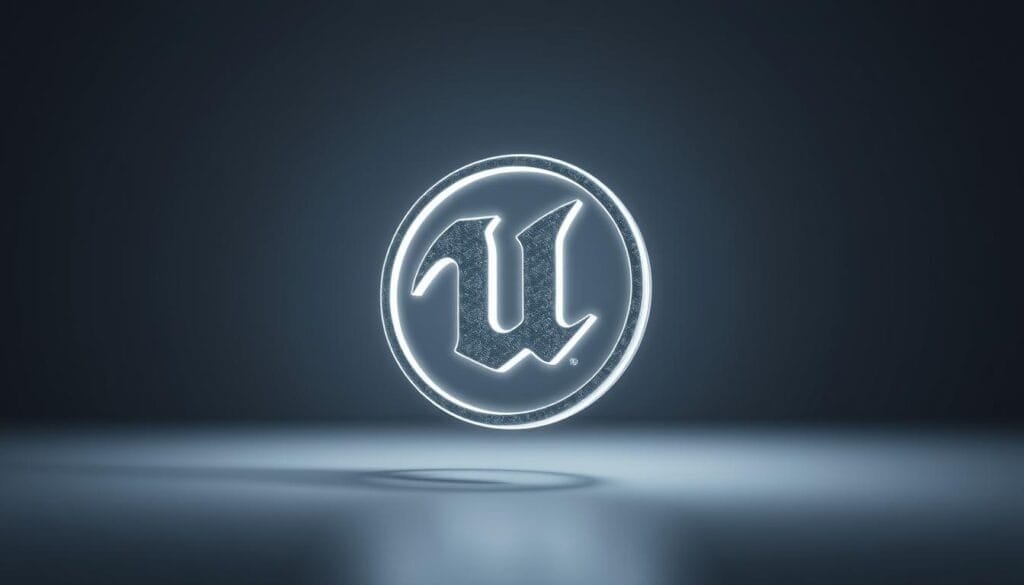 A high-fidelity, hyper-realistic 3D render of the Unreal Engine logo floating in a sleek, minimalist environment. The logo is meticulously detailed, with intricate textures and a luminous, almost holographic appearance. The background is a muted, gradient-filled void, allowing the logo to take center stage and command attention. Dramatic, directional lighting casts deep shadows and highlights the logo's sharp edges and angles, creating a sense of depth and dimensionality. The overall mood is one of technological sophistication, power, and innovation - a visual representation of the Unreal Engine's capability to deliver premium, cutting-edge mobile experiences.