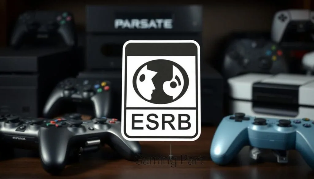 A highly detailed, photorealistic image of the ESRB (Entertainment Software Rating Board) game rating icon in the foreground, prominently displayed against a subtly blurred background of game controllers, consoles, and other gaming equipment. The rating icon is crisply rendered, with a sense of tangibility and depth, conveying its importance and authority. The lighting is soft and natural, creating an atmosphere of professionalism and credibility. The overall composition is balanced and visually striking, drawing the viewer's attention to the rating icon as the focal point, while suggesting the broader context of the gaming industry.