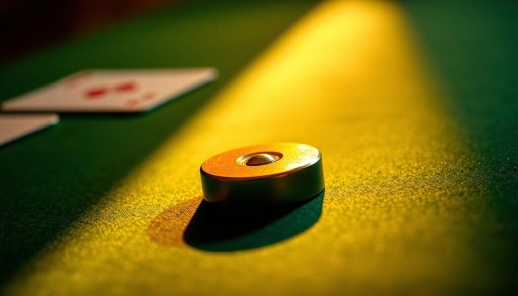 A metallic lead gaming piece resting on a green felt card table, illuminated by warm, directional lighting that casts gentle shadows. The lead piece has a polished, reflective surface that catches the light, creating a sense of depth and three-dimensionality. The background is blurred, drawing the viewer's attention to the lead piece as the focal point, symbolizing the importance of leading in the game of euchre. The overall mood is one of strategy, precision, and the thrill of competition.