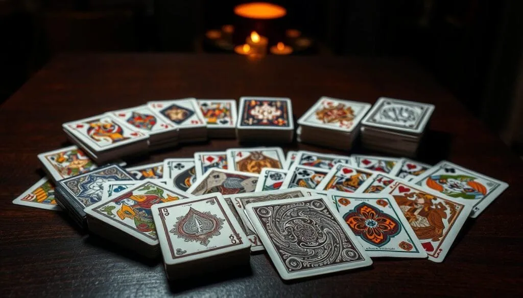 A meticulously curated collection of playing card decks sits atop a dark, wooden table. The cards feature intricate designs, ranging from classic suits to fantasy-inspired motifs. The foreground showcases the vibrant, glossy card packs, each with its own distinct style and theme. In the middle ground, the table's smooth surface reflects the cards, creating a sense of depth and dimension. The background is dimly lit, with a warm, amber glow emanating from the edges, lending an air of mystery and sophistication to the scene. Soft shadows cast by the cards add depth and texture, while the overall composition conveys a sense of thoughtful curation and a passion for the art of card gaming.