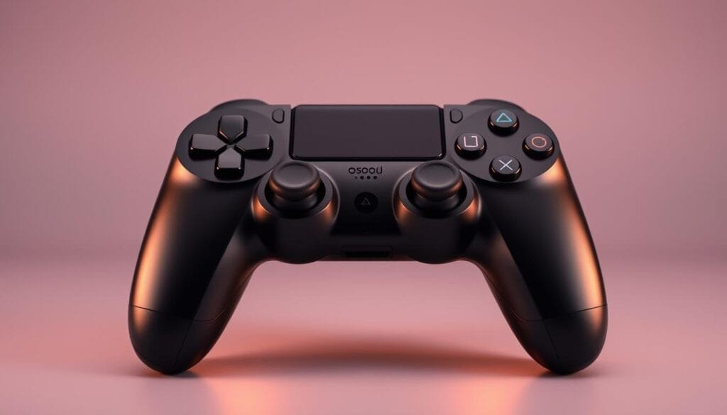 A sleek, modern gaming controller with a glossy black finish and intricate button layout. The controller is centered in the frame, with a warm, indirect lighting illuminating its curves and contours. The background is a soft, muted gradient, allowing the controller to be the focal point. The overall composition conveys a sense of sophistication and high-end gaming experience, perfect for an article about premium Android titles that offer a console-like control scheme.