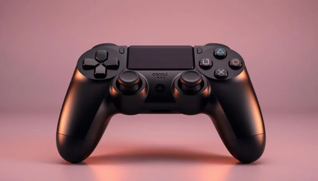 A sleek, modern gaming controller with a glossy black finish and intricate button layout. The controller is centered in the frame, with a warm, indirect lighting illuminating its curves and contours. The background is a soft, muted gradient, allowing the controller to be the focal point. The overall composition conveys a sense of sophistication and high-end gaming experience, perfect for an article about premium Android titles that offer a console-like control scheme.