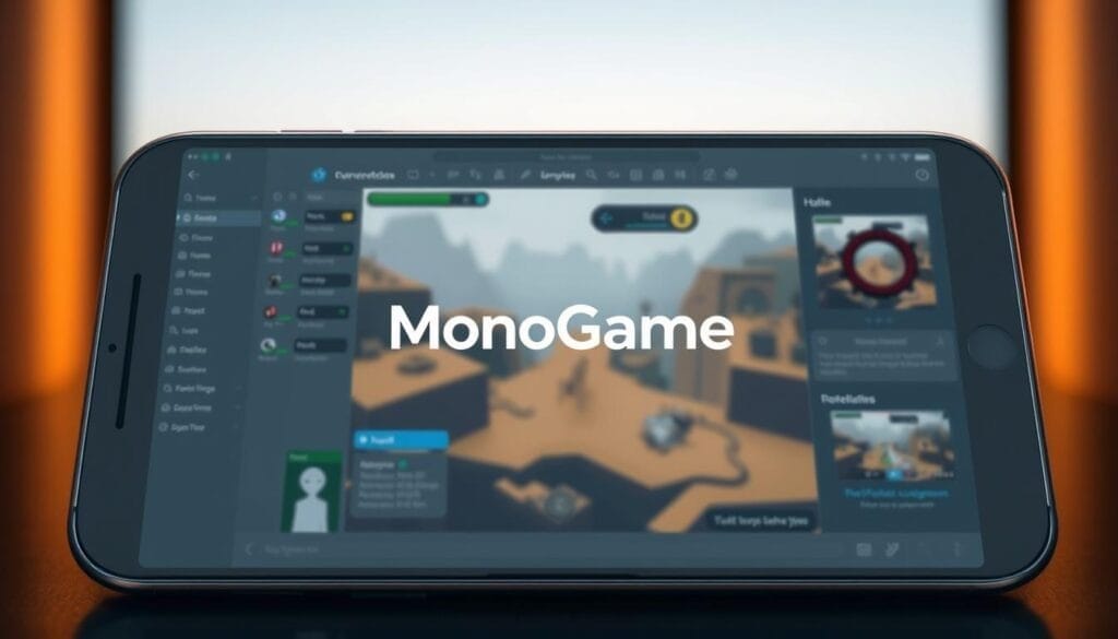 A sleek, modern mobile game engine interface with a focus on 2D game development. In the foreground, a clean, minimalist display showcases the MonoGame logo, surrounded by an array of intuitive tools and features. The middle ground reveals a detailed 2D game scene, hinting at the engine's cross-platform capabilities and high-performance graphics. In the background, a subtle gradient creates a sense of depth and technical sophistication. Warm lighting casts a professional, polished atmosphere, highlighting MonoGame's suitability for creating performant, visually striking 2D games for iOS and beyond.