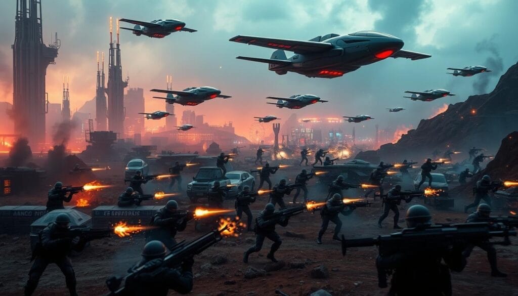 A sprawling battlefield with towering futuristic structures, neon-lit urban landscapes, and rugged terrain. In the foreground, heavily-armed combatants engage in intense close-quarters combat, smoke and muzzle flashes piercing the air. Overhead, a fleet of sleek, high-tech hovercrafts and drones provide air support, casting dynamic shadows on the ground below. The scene is bathed in a moody, cinematic lighting, with a color palette of deep blues, vibrant oranges, and dramatic contrasts. Captured through the lens of a high-resolution camera, the image conveys the adrenaline-fueled chaos and strategic tension of a battle royale. A sprawling battlefield with towering futuristic structures, neon-lit urban landscapes, and rugged terrain. In the foreground, heavily-armed combatants engage in intense close-quarters combat, smoke and muzzle flashes piercing the air. Overhead, a fleet of sleek, high-tech hovercrafts and drones provide air support, casting dynamic shadows on the ground below. The scene is bathed in a moody, cinematic lighting, with a color palette of deep blues, vibrant oranges, and dramatic contrasts. Captured through the lens of a high-resolution camera, the image conveys the adrenaline-fueled chaos and strategic tension of a battle royale.