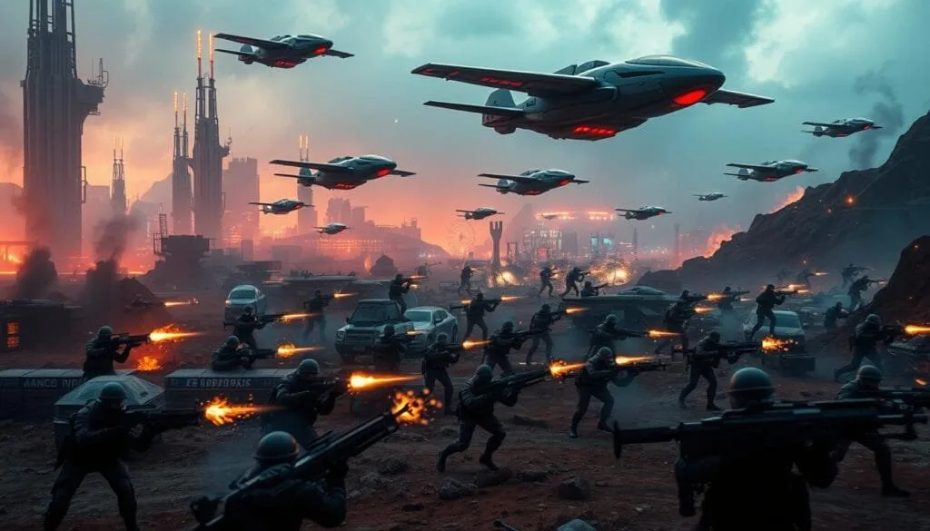 A sprawling battlefield with towering futuristic structures, neon-lit urban landscapes, and rugged terrain. In the foreground, heavily-armed combatants engage in intense close-quarters combat, smoke and muzzle flashes piercing the air. Overhead, a fleet of sleek, high-tech hovercrafts and drones provide air support, casting dynamic shadows on the ground below. The scene is bathed in a moody, cinematic lighting, with a color palette of deep blues, vibrant oranges, and dramatic contrasts. Captured through the lens of a high-resolution camera, the image conveys the adrenaline-fueled chaos and strategic tension of a battle royale.