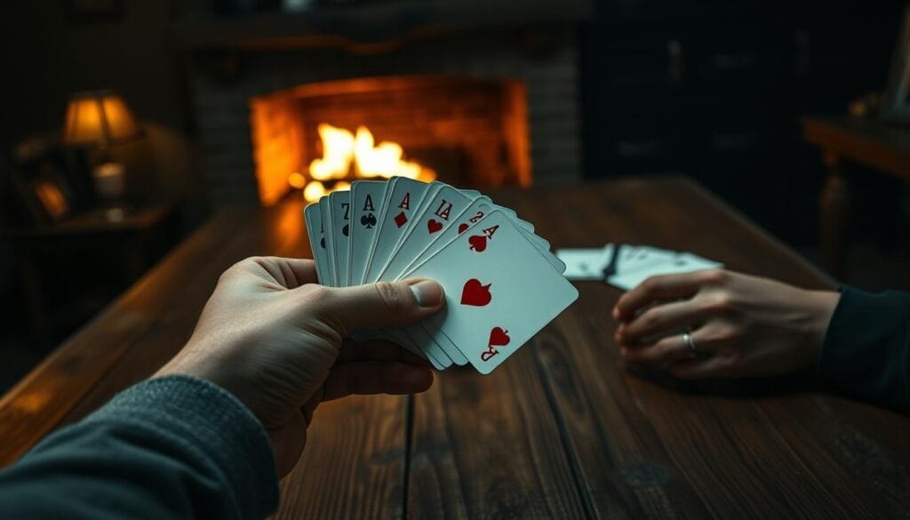 A strategic game of Euchre played by a seasoned player, portrayed through a dramatic, cinematic lens. In the foreground, a skilled hand holds a carefully selected set of Euchre cards, exuding confidence and experience. The middle ground features a weathered wooden table, the surface etched with the marks of countless games past. In the background, a dimly lit room sets the mood, the warm glow of a fireplace casting a subtle, contemplative light across the scene. The player's face is obscured, allowing the viewer to project their own interpretation of the &amp;quot;trump strategy&amp;quot; at play. Realistic textures, cinematic depth of field, and a sense of intrigue and anticipation permeate the image.
