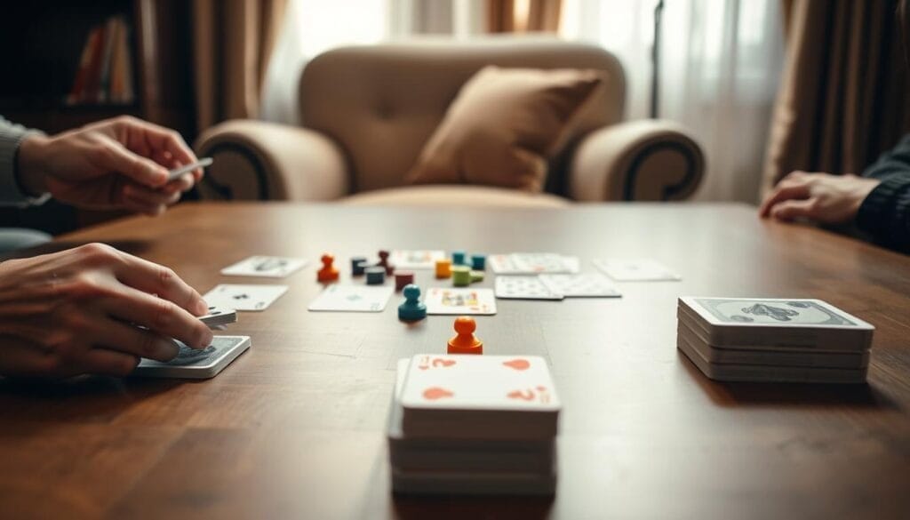 A table-top scene showcasing the steps to play a classic card game. In the foreground, a deck of playing cards and a few colorful game pieces are arranged neatly. In the middle ground, two hands are visible, one dealing the cards and the other picking them up, conveying the interactive nature of the game. The background depicts a cozy, well-lit living room setting, with a plush armchair and a warm, inviting atmosphere. The lighting is soft and diffused, creating a sense of intimacy and concentration. The overall composition suggests a straightforward, step-by-step approach to mastering the &amp;quot;Game of Phones&amp;quot; through the timeless tradition of card playing.