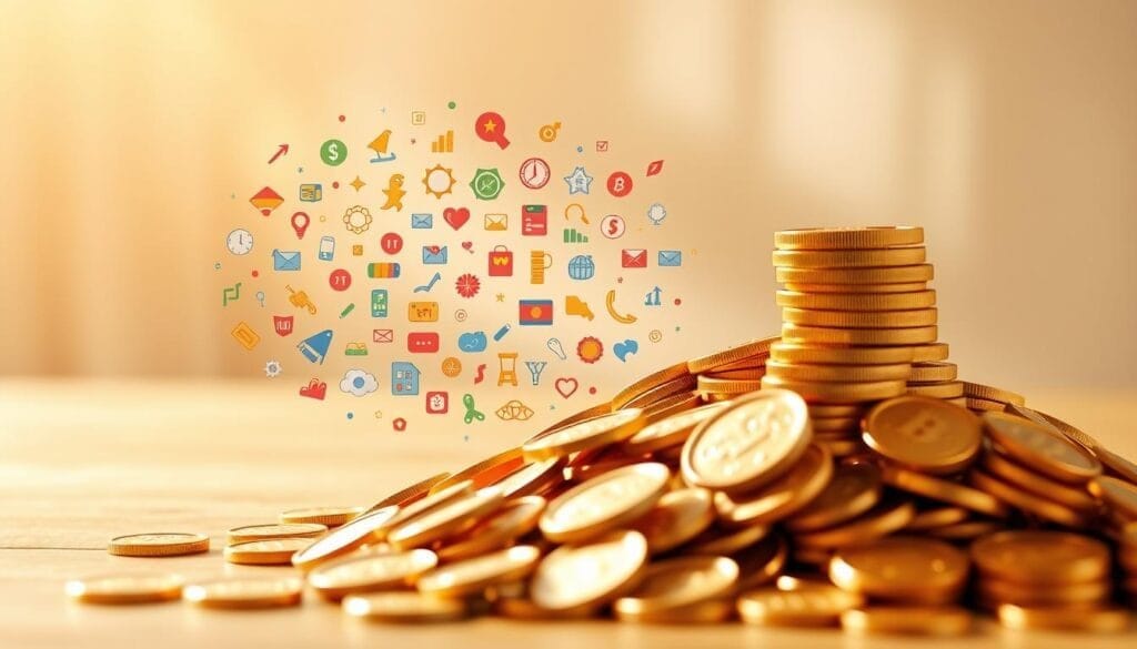A vibrant and dynamic scene depicting the core elements of &amp;quot;Pricing, Value, and Practical Perks&amp;quot;. In the foreground, a pile of shiny gold coins, meticulously rendered, symbolizing the pricing and monetary value proposition. In the middle ground, a colorful array of diverse icons and symbols representing the various perks and benefits, floating in a dream-like arrangement. The background features a soft, blurred gradient in soothing, complementary hues, creating a sense of depth and emphasis on the central elements. Warm, natural lighting casts gentle shadows, enhancing the three-dimensional feel. The overall composition conveys a sense of harmony, balance, and the idea of a well-rounded, valuable offering.
