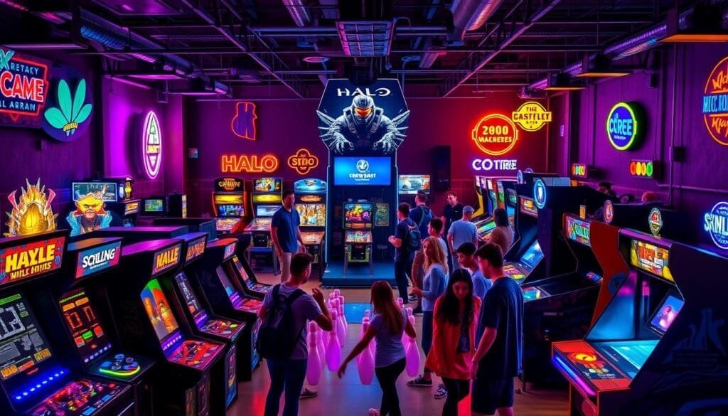 A vibrant arcade game hall, bustling with activity and neon lights. In the foreground, classic arcade cabinets stand proudly, their screens flickering with retro graphics and high-score displays. Towering over the scene, a massive HALO Fireteam Raven cabinet commands attention, its sleek design and dynamic lighting creating an immersive gaming experience. In the middle ground, a group of friends engages in a lively duckpin bowling match, laughter and friendly competition filling the air. The background is dotted with other gaming stations, from pinball machines to virtual reality setups, each offering a unique interactive experience. The overall atmosphere is one of unbridled joy and nostalgia, where the timeless allure of arcade games collides with modern gaming innovation.