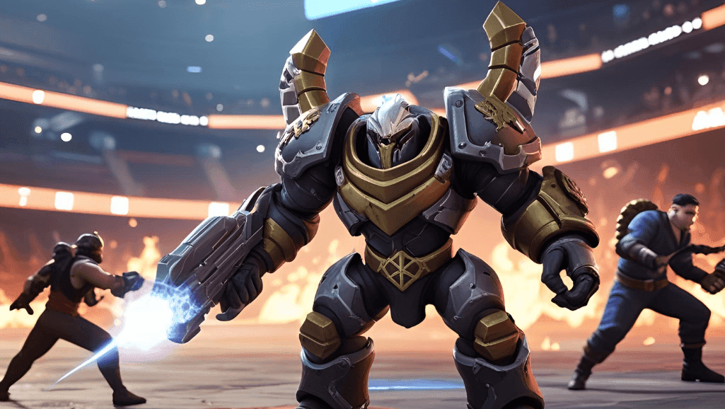 A victorious figure stands atop a podium, basking in the spotlight of triumph. Clad in a sleek, metallic bodysuit, their arms raised in a triumphant pose, conveying a sense of power and accomplishment. The background is a vibrant, abstract landscape, with geometric shapes and gradients of light, creating a dynamic and futuristic atmosphere. Dramatic lighting casts dramatic shadows, emphasizing the winner's confident stance. The overall composition conveys a sense of cinematic grandeur, celebrating the thrill and exhilaration of emerging victorious in a high-stakes game.