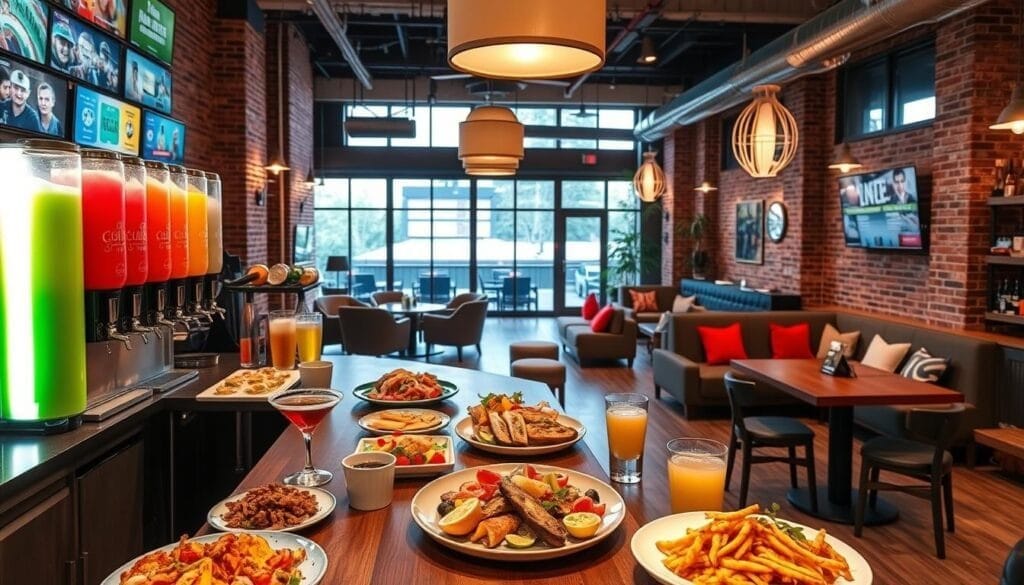 A well-lit, visually appealing scene featuring an array of tempting food and drinks in a modern, cozy social gathering space. In the foreground, an assortment of gourmet appetizers, shareable platters, and craft cocktails adorn a sleek, wooden bar counter. Colorful slushie machines and taps with various beer and cider selections create a vibrant, self-serve setup. In the middle ground, comfortable lounge seating and tables with plush cushions invite guests to relax and socialize. The background showcases a warm, industrial-chic ambiance with exposed brick walls, pendant lighting, and floor-to-ceiling windows offering a pleasant view of the outdoor patio. The overall atmosphere exudes an inviting, upbeat vibe that perfectly captures the essence of a lively social game club.