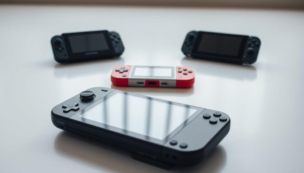 Detailed shot of various handheld gaming devices on a clean, minimalist surface. In the foreground, a modern, sleek gaming handheld with advanced controls and a vibrant display. In the middle ground, a classic portable console with a retro aesthetic. In the background, a newer model of the same console, showcasing its updated design and features. The scene is bathed in a soft, indirect lighting that highlights the textures and contours of the devices. The overall atmosphere conveys a sense of technological advancement and the evolution of portable gaming.