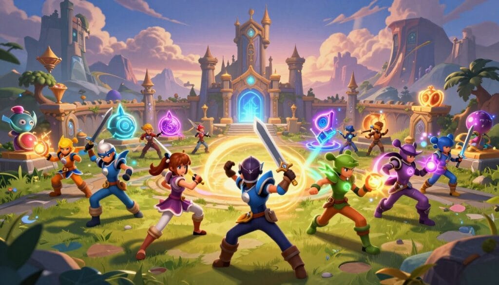A dynamic and vibrant scene depicting a hero-collector game environment. The foreground features a diverse group of colorful, unique heroes in action poses, showcasing their distinct abilities and weapons, some wielding swords, others casting spells. In the middle ground, a fantastical arena filled with intricate details: towering castles, magical portals, and shimmering treasures. Background elements include a fantastical landscape with mountains under a twilight sky filled with dramatic clouds, creating a sense of adventure and excitement. The lighting is dynamic, with glowing effects highlighting the heroes and emphasizing their powers. The atmosphere is energetic and engaging, inviting the viewer into the action of the hero-collector genre. The composition is designed to be eye-catching and visually appealing, capturing the essence of fighting and strategic gameplay.